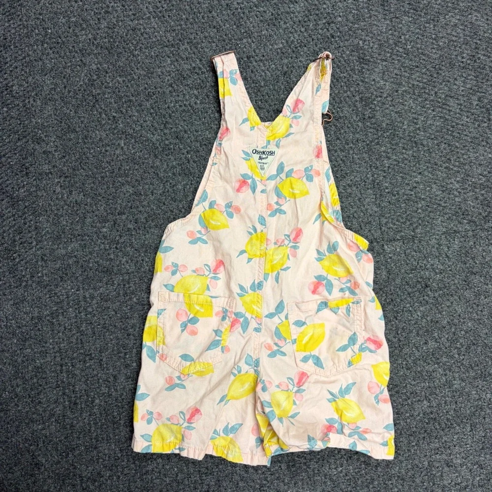 OshKosh Bgosh Toddler Girls 4T Pink Lemon Peach Fruit Print Vestbak Shortalls